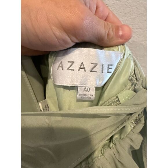Azazie Womens Chiffon Spaghetti Strap Ruched Bodice A-Line Gown Sz A0 Sage Green - Picture 5 of 8